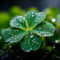 Captured in the soft light of dawn, a solitary shamrock leaf glistens with delicate dew drops, each one a miniature world reflecting the promise of a new day. This intimate macro view invites us to im