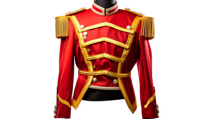 A stunning red and gold uniform adorns a mannequins elegant form