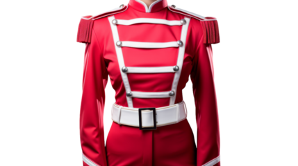 A vibrant red uniform adorned with white trims and a gleaming white belt stands out against a backdrop of bravery