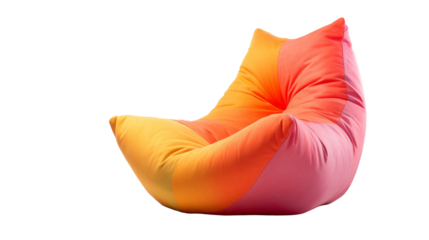 A vibrant pink and orange bean bag chair stands out against a white background