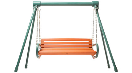A green and orange swing with chains suspended in a lush forest setting