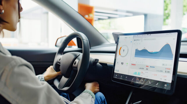 New modern Electric Car Interior and Dashboard. Empty vehicle, Display and digital speedometer