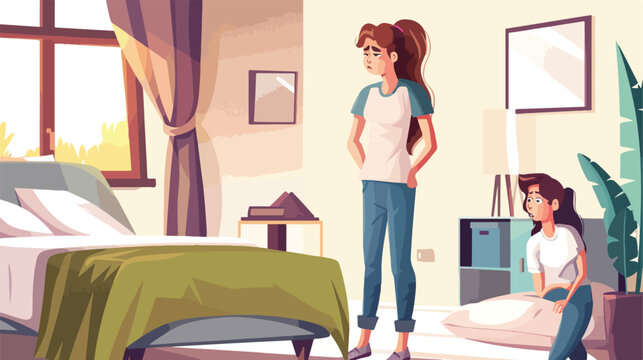 Upset teen in bedroom with sad mother cartoon vector
