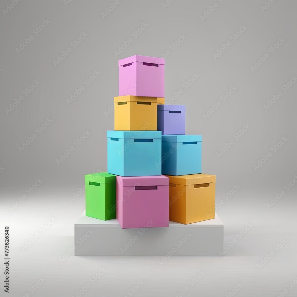 Poster a stack of colorful boxes on a white surface