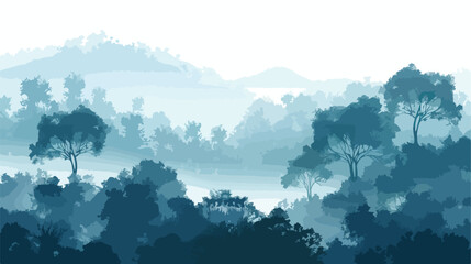 Trees in the fog. Deep forest haze. Hills covered