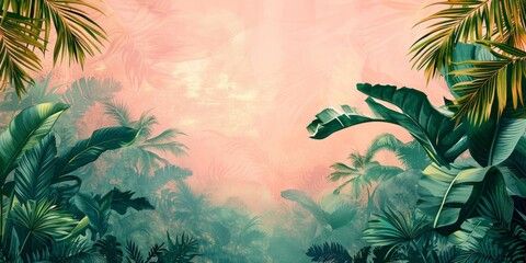 Watercolor wallpaper pattern. Jungle landscape in retro wallpaper style, Generative AI