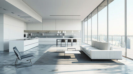 Fototapeta na wymiar A minimalist living room with floor-to-ceiling windows, offering a panoramic view of a modern kitchen in the background. 8K