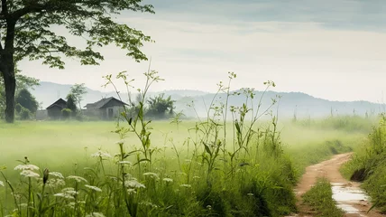 Keuken spatwand met foto summer art landscape in the village, a small house among a green field, background copy space watercolor in bright colors © kichigin19