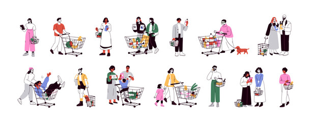 Fototapety  People with shopping carts set. Buyers, consumers with grocery trolleys and supermarket baskets walking. Customers with pushcarts. Flat graphic vector illustrations isolated on white background