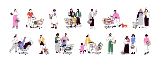 Abwaschbare Fototapete Höhenskala People with shopping carts set. Buyers, consumers with grocery trolleys and supermarket baskets walking. Customers with pushcarts. Flat graphic vector illustrations isolated on white background