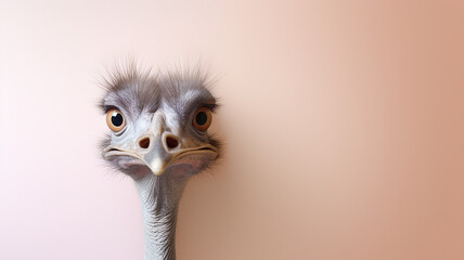 Curious ostrich peeks out, ostrich head on a smooth background, light pastel background copy of the space - obrazy, fototapety, plakaty