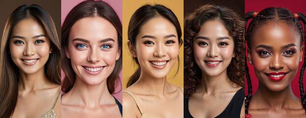 Collage of diverse smiling women with different skin tones, hairstyles, and colorful tops, representing multicultural beauty.
