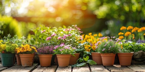 Fototapeta na wymiar Gardening Concept. Garden Flowers and Plants on a Sunny Background