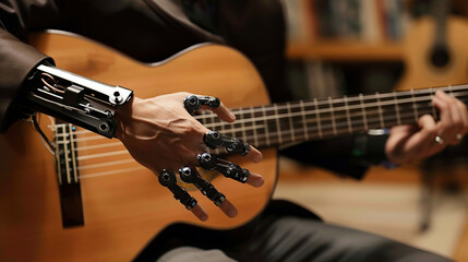 Fototapeta premium .A man with a bionic prosthetic arm plays an acoustic guitar