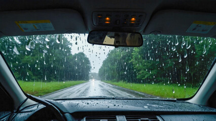 Driving on rainy road with rain drops on windshield. Rainy day