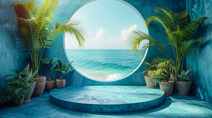 Fototapeta na wymiar A round podium in a tropical environment with palm trees and sea