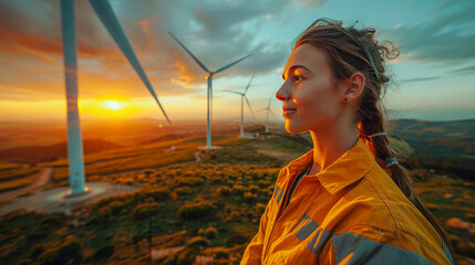 Engineer with helmet and hardhat standing on top of wind turbines farm at sunset
