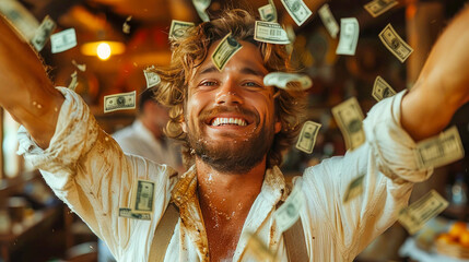 Fototapeta na wymiar Happy man in rain of money. Rich black man with closed eyes
