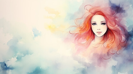 A thoughtful girl with red hair among the clouds, a watercolor postcard background - obrazy, fototapety, plakaty