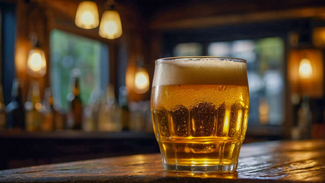 Glass of beer on a wooden table on the background