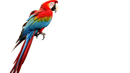 Obraz premium A vibrant red and blue parrot gracefully sits atop a tree branch in peaceful surroundings
