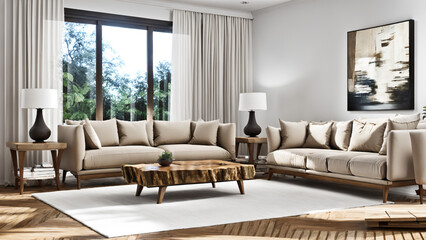 Wooden living room table and long gray sofa, modern, minimalist living room interior design