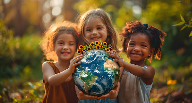 Group of children play with planet earth over defocused nature background with copy space, multiracial children holding world in hands against green spring background, earth day concept.