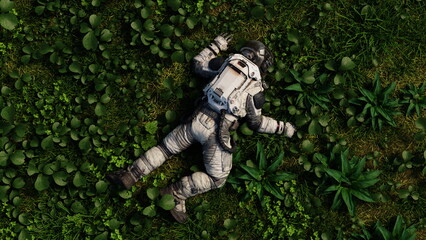 Obraz na płótnie Canvas Astronaut in full gear rests among lush plants, suggesting a peaceful break during exploration. Dead cosmonaut. 3d render