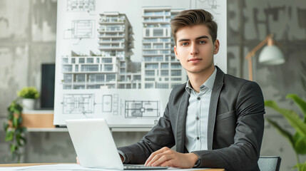 Fototapeta premium .a young man in business clothes is sitting at a laptop. behind him, on paper, is a drawing of a multi-storey building