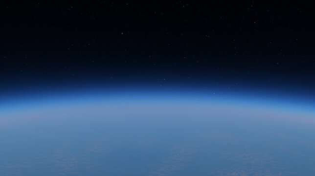 Earth curvature at edge of space under starry sky, showcasing planet thin atmosphere. 3d render