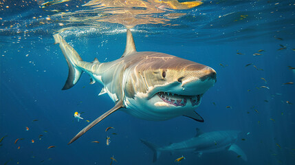 The shark swims underwater with its mouth open