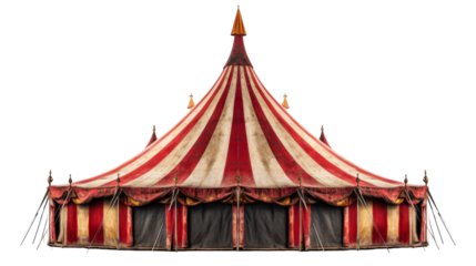 A grand circus tent with red and white stripes standing tall, ready to entertain crowds with thrilling performances