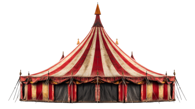 A grand circus tent with red and white stripes standing tall, ready to entertain crowds with thrilling performances