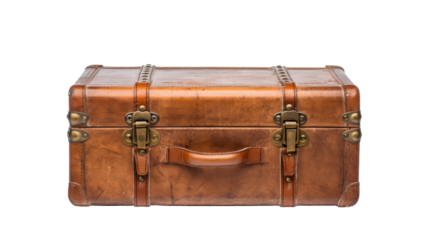 A brown leather suitcase with two handles, ready for travel
