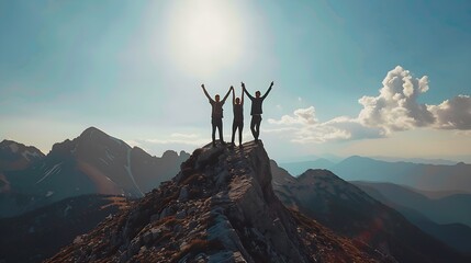 Celebrating Success and achievements and overcoming obstacles. 3 people on mountaintop