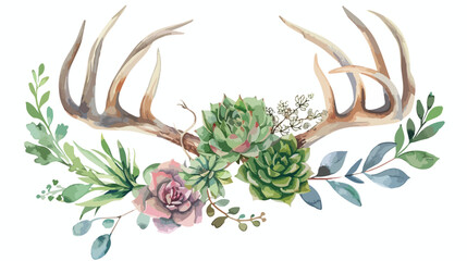 Watercolor antler with succulent leaves and branch - obrazy, fototapety, plakaty