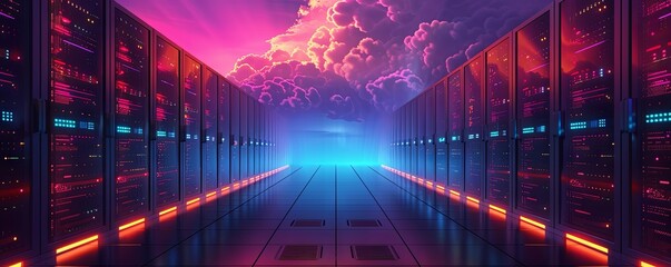 Computer in the data center. Cloud computing service on a large server farm. vector simple illustration - obrazy, fototapety, plakaty