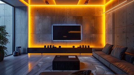 A sleek and modern entertainment area featuring a wall-mounted black flat-screen TV, surrounded by comfortable seating and accentuated by LED strip lighting,