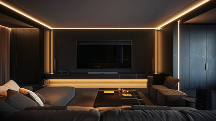 A sleek and modern entertainment area featuring a wall-mounted black flat-screen TV, surrounded by comfortable seating and accentuated by LED strip lighting, 