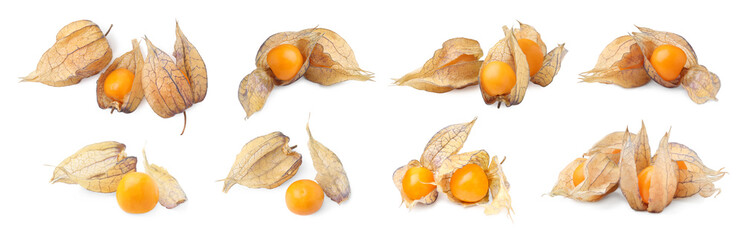 Ripe orange physalis fruits with calyx isolated on white, set