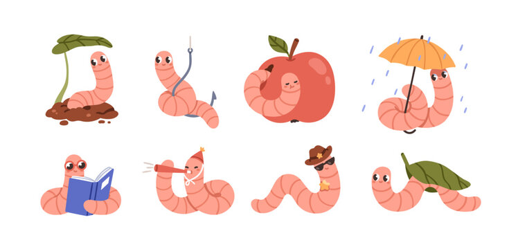 Cute worms set. Funny comic kawaii earthworms in apple, under umbrella, with book, bait on hook. Adorable baby insect, larva characters. Kids flat vector illustrations isolated on white background