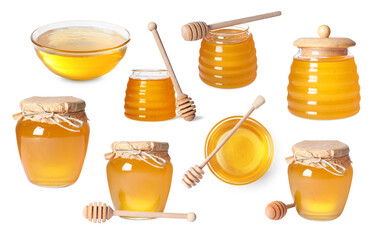 Natural honey, glass jars and dippers isolated on white, set