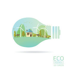 Vector illustration of eco home the light bulb with of wind turbine, bike , solar cell ,house, and trees. Background for save earth day. Environmental, ecology, nature protection and pollution concept