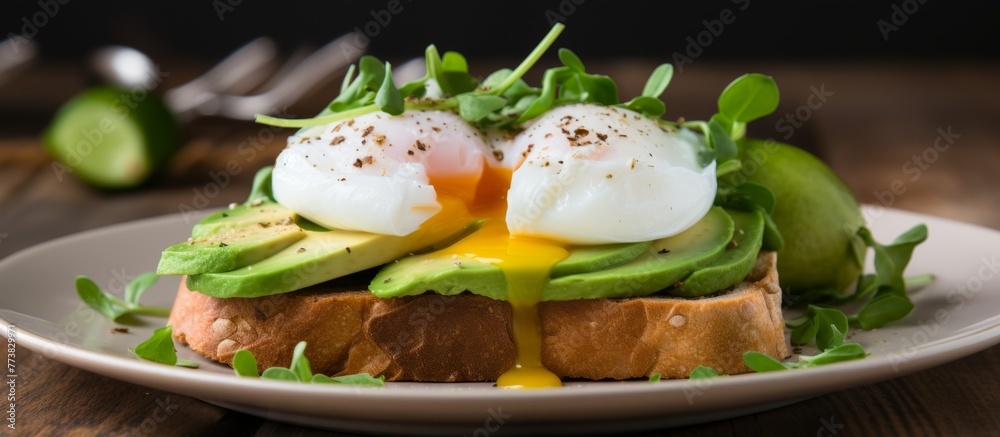 Wall mural delicious sandwich on a plate prepared with fresh avocado and fried eggs, perfect for a nutritious m