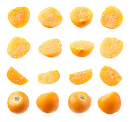 Cut and whole orange physalis fruits isolated on white, set