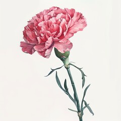Creative arts A pink carnation with green leaves on a white background