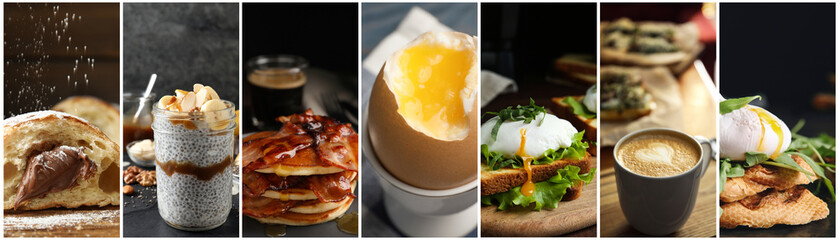 Assortment of tasty breakfasts. Collage with different meals