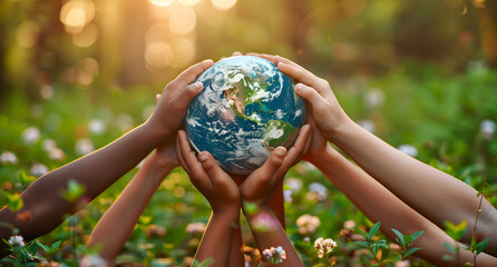 Multiracial children holding world in hands against green spring background, earth day concept - obrazy, fototapety, plakaty