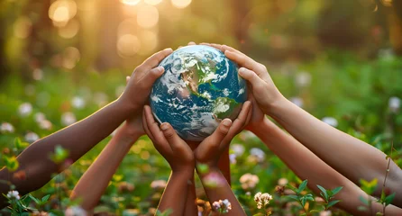 Foto op Plexiglas Multiracial children holding world in hands against green spring background, earth day concept © ELmahdi-AI