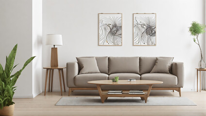 Round wooden coffee table on the beige carpet near a sofa, a room designed in modern style, abstract art poster on the wall
